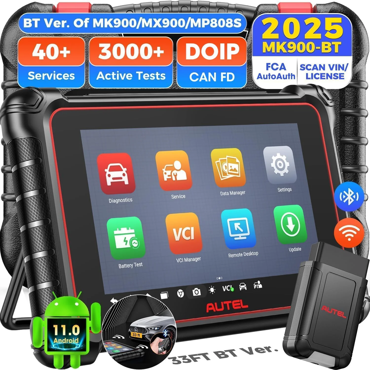 Autel Scanner MaxiCOM MK900BT, 2025 MK900-BT Bidirectional Diagnostic Scan Tool, 2.0 BT Ver. of MK900 MX900, 8in Up of MK808S MK808BT PRO MX808S MK808Z, 40+ Reset, 3K+ Active Tests, CAN FD & DoIP, FCA