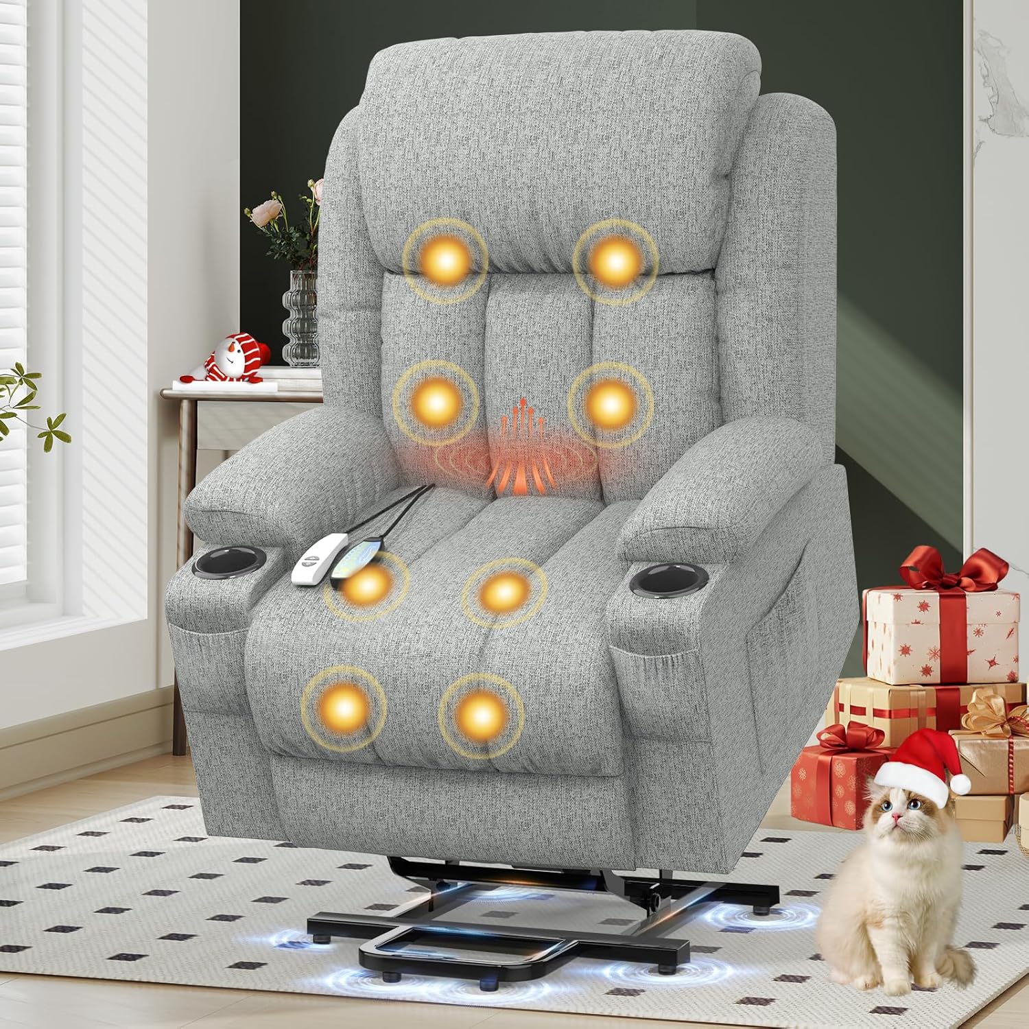 TV armchair, massage armchair, electric relaxation armchair with lounge chair function, stand up assist, massage heating, foot section, beverage rack, 4-side pocket, C-shaped and USB interface TV armchair lounge