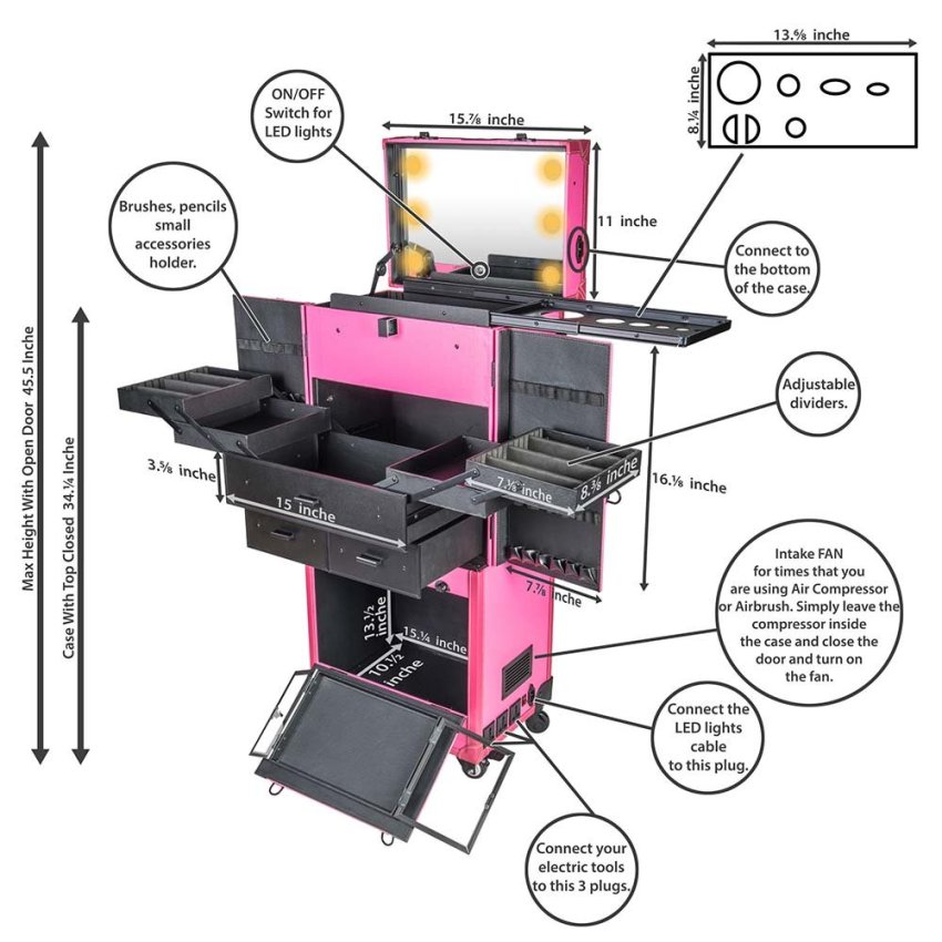 Makeup Artists Multifunction lighted Cosmetics Rolling Case with Fan