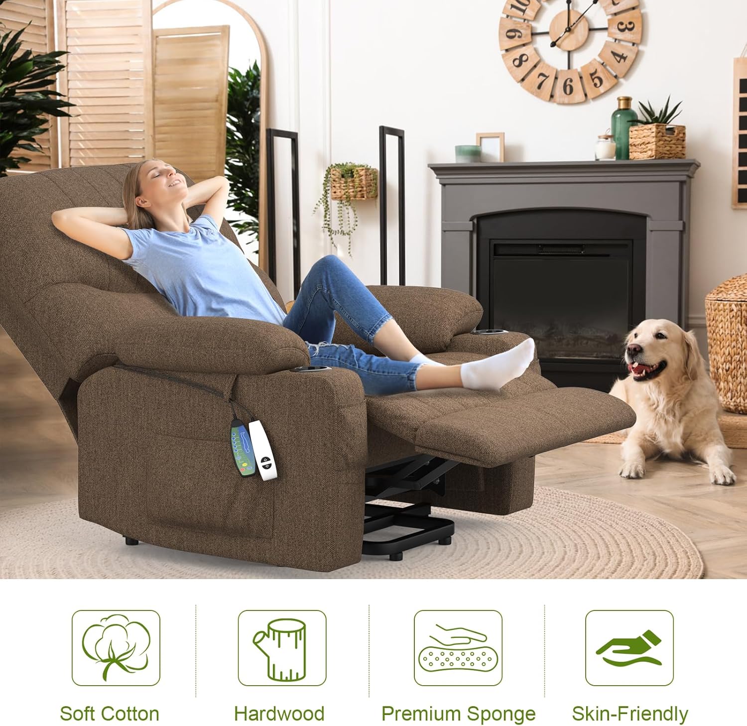 TV armchair, relaxation armchair, massage armchair, heating function, stand up assist, lie down function, electrically adjustable TV armchair, living room with USB&Type-C & cup holder and bag
