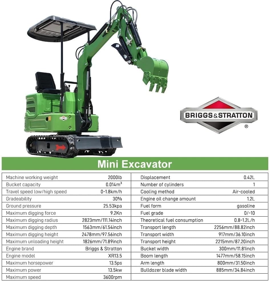 Domestic Gasoline Mini Excavator for Fathers Day, 1.2 Tons Crawler Digger with 13.5 HP B&S Engine, Hydraulic Thumb Clamp and Buckets, Work for Farm,Garden,Park,Construction Landscaping (Green1)