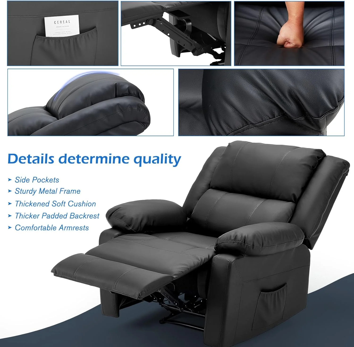 UNIONLINE lounge chair, an ergonomic TV armchair that can weigh up to 150 kilograms, a modern single artificial leather armchair with manual control, side pockets, and feet (black)