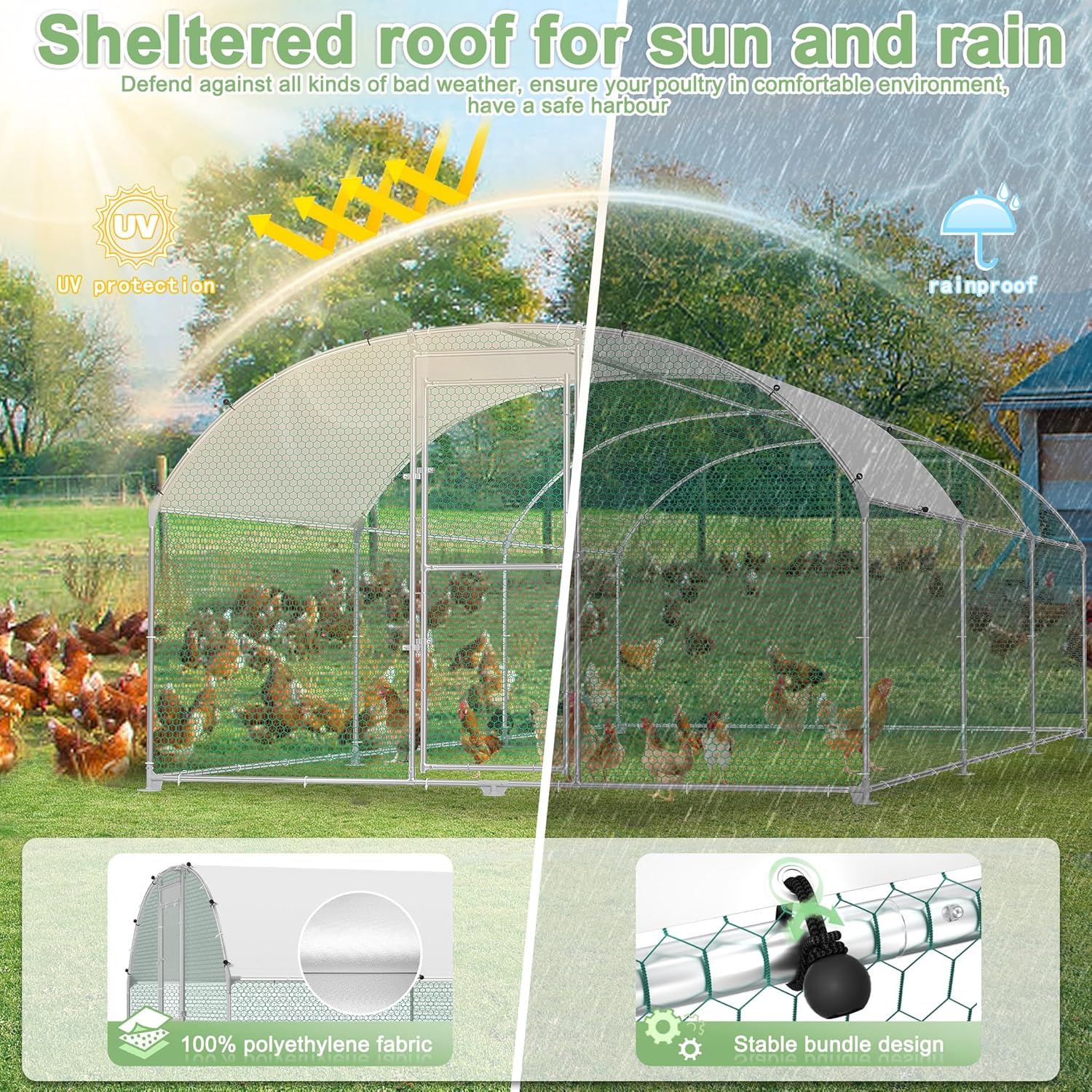 Hühnerstall 3x8m Metall Freilaufgehege Freigehege, Geflügelstall Kleintiere, Verzinkter Stahlrahmen mit PE Dach, Bogenaufsatz