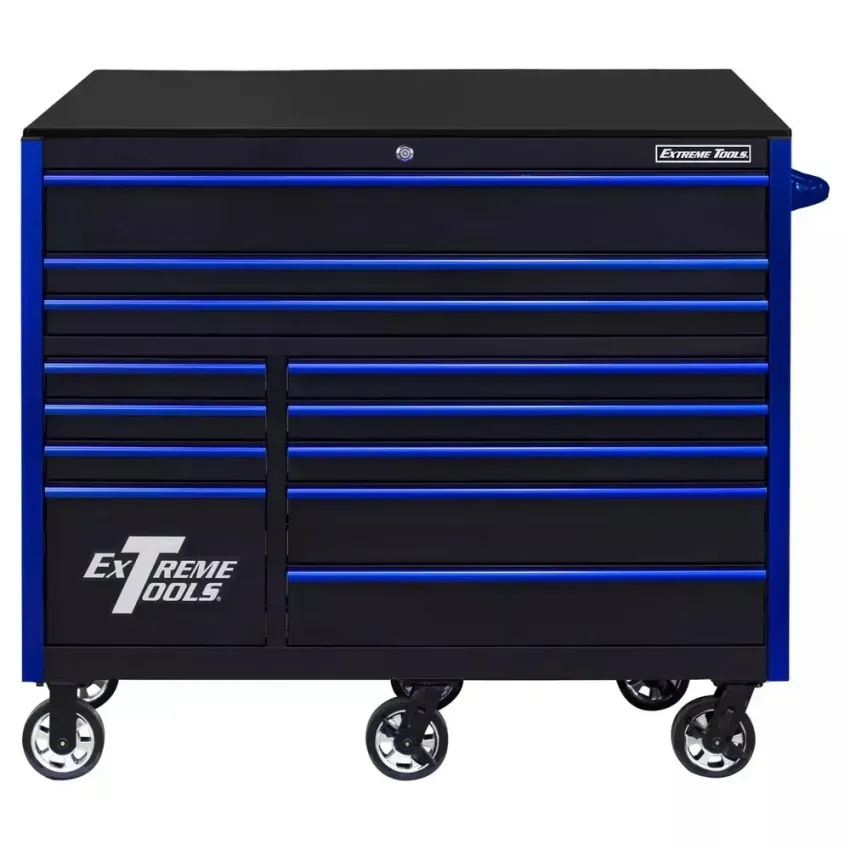 EXTREME TOOLS RX SERIES 55" 12-DRAWER ROLLER - BLACK W/BLUE DRAWER PULLS