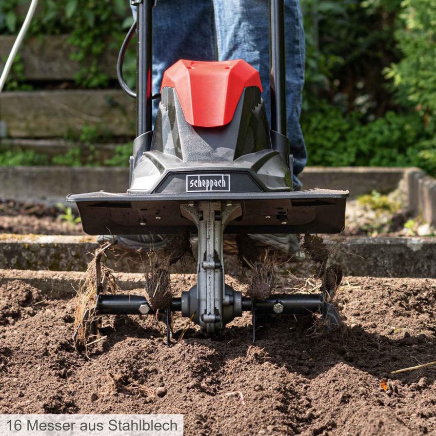 Scheppach Tiller MTE380 Electric Tiller | Power 1050W | Hurdles Ø205mm | Milling width 360mm | Chopping speed 400 1/min | Immediate start with circuit breaker | foldable