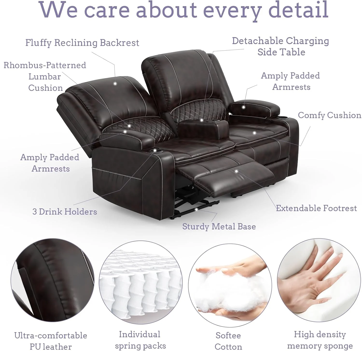 4-seater sofa (2+2) Adjustable 4-seater sofa with semi-automatic relaxation function, relaxation chair cover and console built-in tray bracket, dual USB ports, side pockets