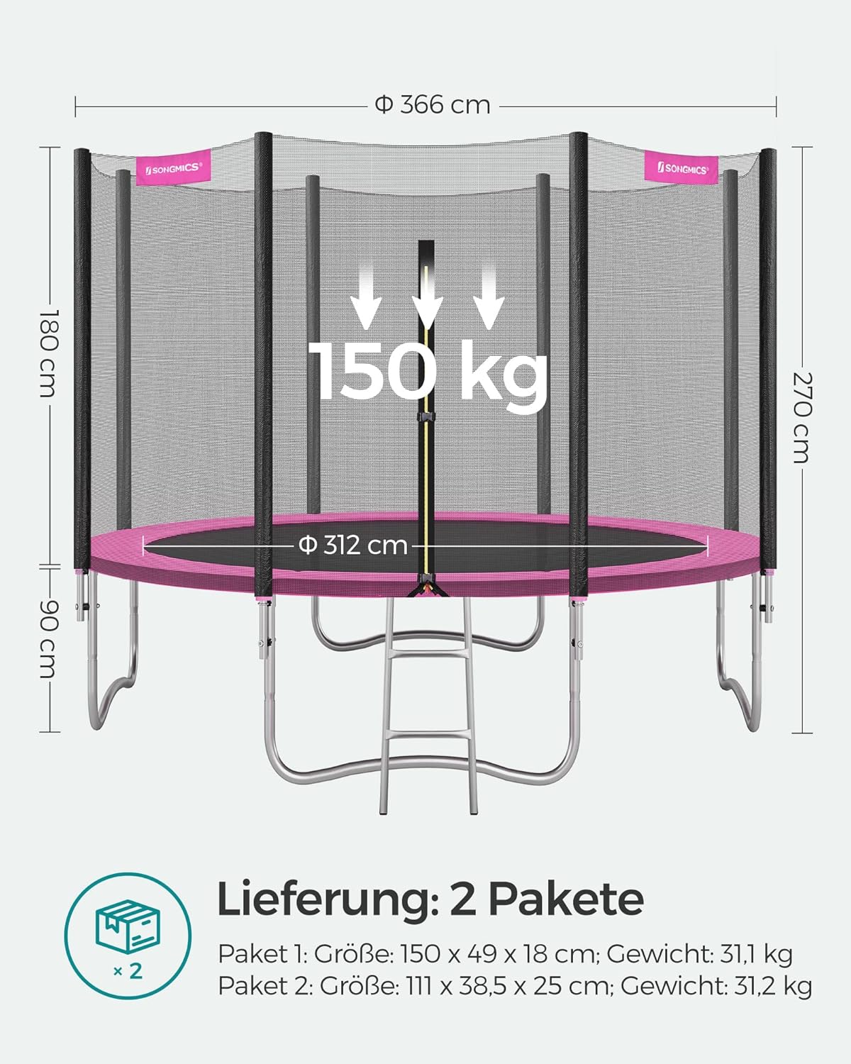 SONGMICS Trampolin Outdoor Ø 366cm, rundes Gartentrampolin mit Randabdeckung, mit Sicherheitsnetz, mit Leiter und gepolsterten Stangen
