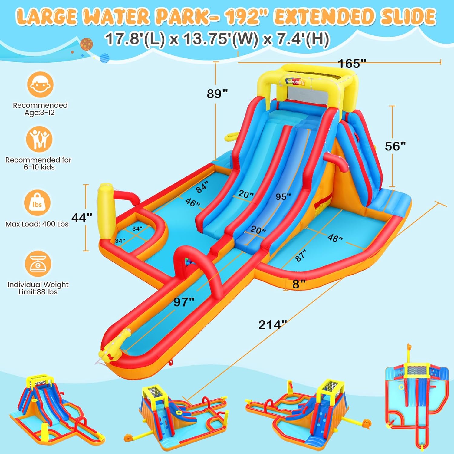 Whubefy 18Ftx14Ft Inflatable Water Slide Park Kids 3-12, Big Waterslide Bounce House with Extra Long Slides, Splash Pool, Kiddie Pool, Blow Up Water Slides Inflatables for Kids Backyard Water Fun