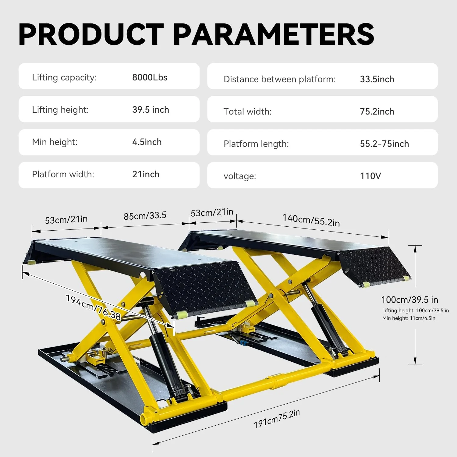 8,000 LBS Scissor Lift Mid Rise Electric Release Auto Lift 110V Car Lift Max. Lift Height 39.5'' for Home Garage Lift