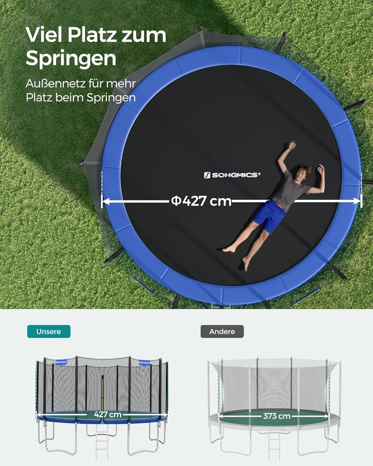 SONGMICS Trampolin Outdoor Ø 427 cm, rundes Gartentrampolin mit Randabdeckung, mit Sicherheitsnetz, mit Leiter und gepolsterten Stangen