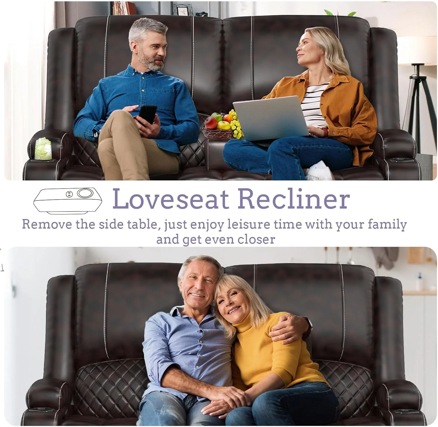 4-seater sofa (2+2) Adjustable 4-seater sofa with semi-automatic relaxation function, relaxation chair cover and console built-in tray bracket, dual USB ports, side pockets