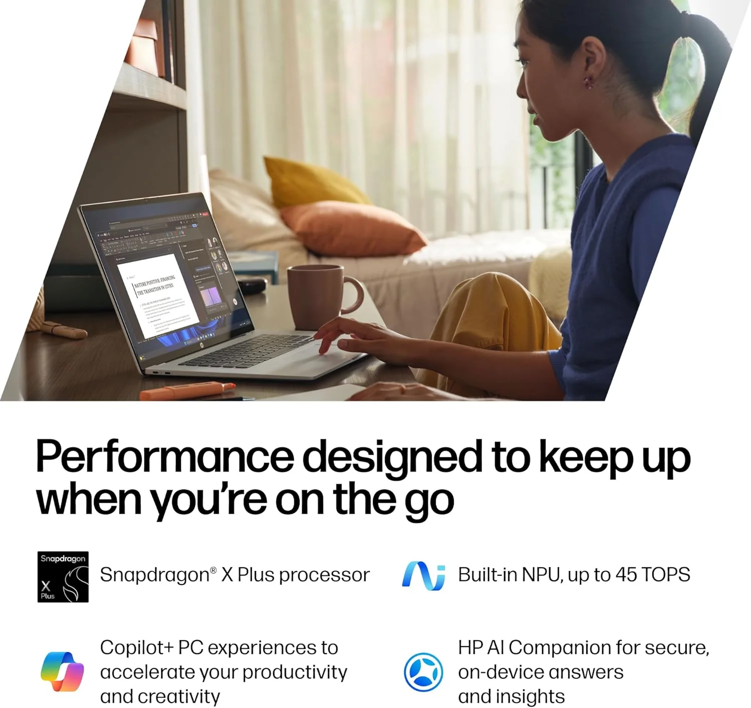 HP OmniBook 5 14 inch Next Gen AI PC, OLED Display, Snapdragon X Plus X1P-42-100, 16 GB RAM, 1 TB SSD, Qualcomm Adreno GPU, Windows 11 Home, Copilot+ PC, Glacier Silver, 14-he0099nr