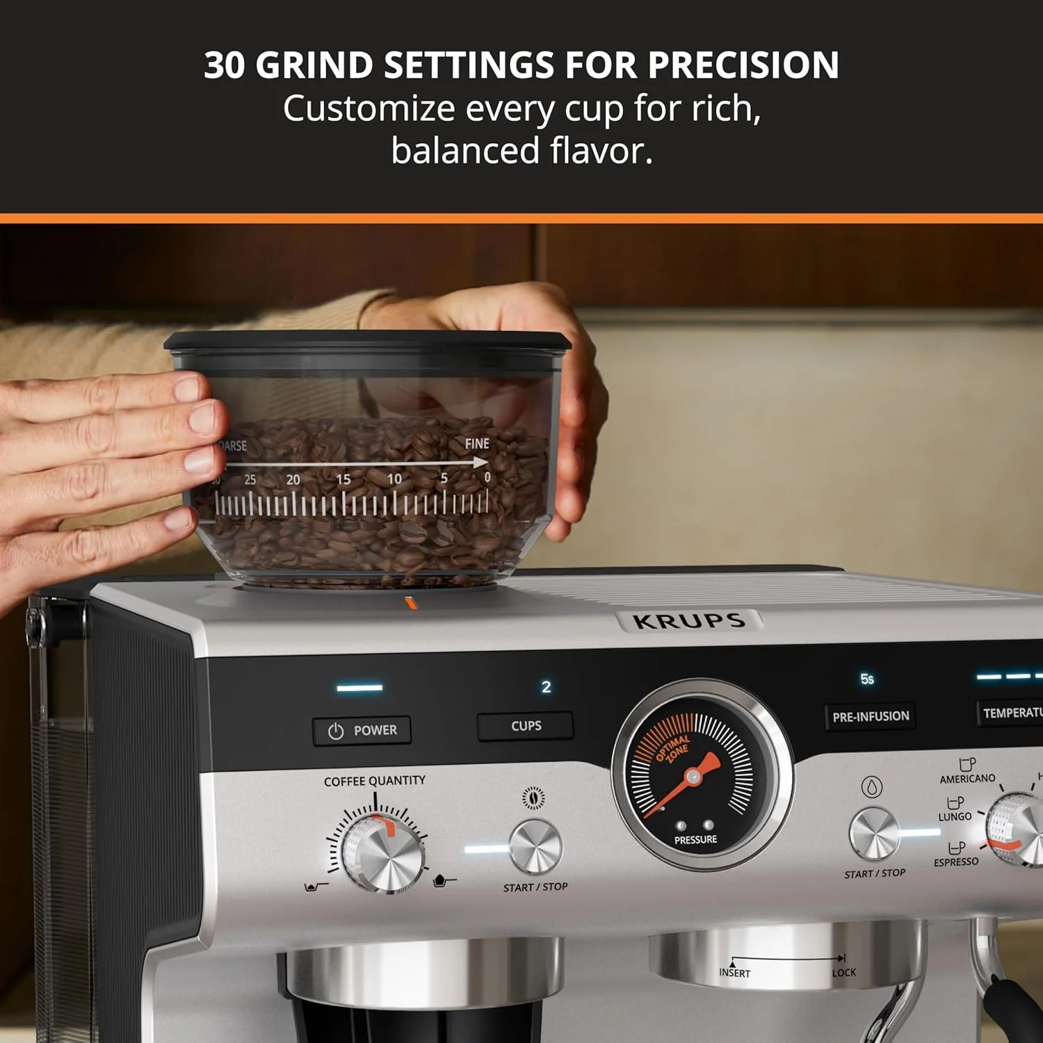 KRUPS Precision Espresso Coffee Machine with Grinder, Latte & Cappuccino Maker, Pump Pressure + Milk Frother Steam Wand, Adjustable Grind Settings for Barista-Quality Results, Stainless Steel & Black