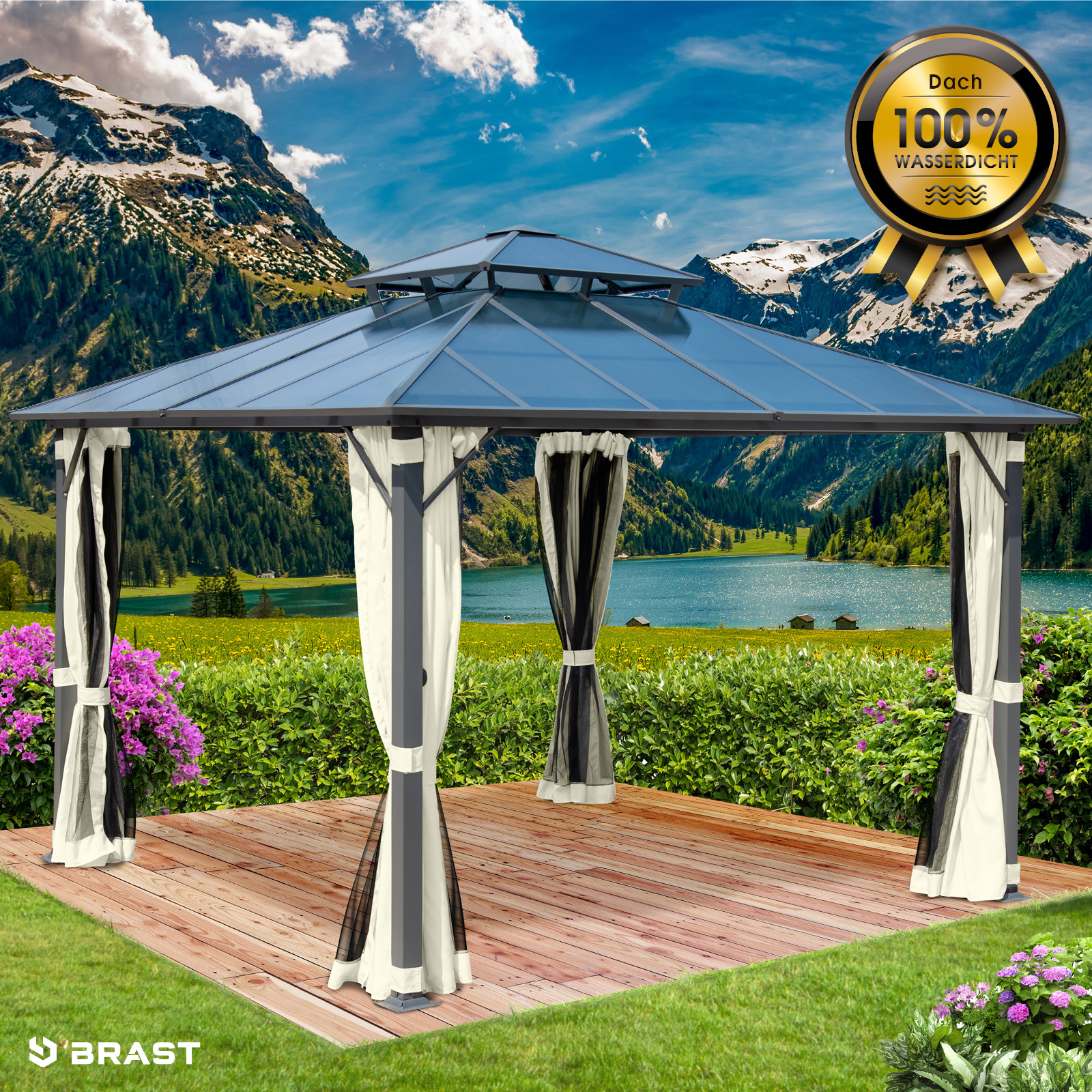 BRAST Alu Pavillon PAGODE 3,5x3,5m dunkelgrau mit Moskitonetz