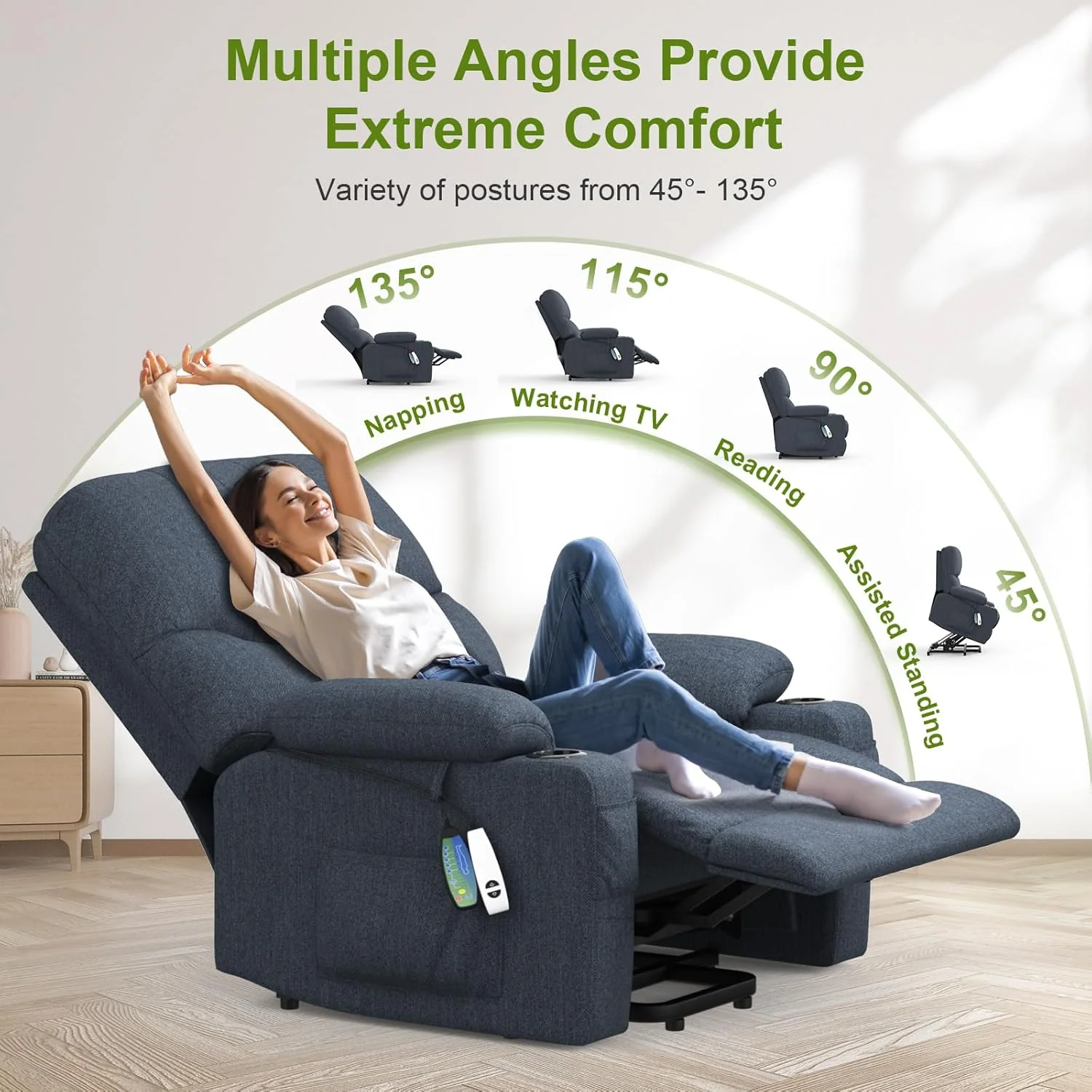 TV Armchair, relaxation armchair, Massage armchair Set 2, with heating function, standing assist, electrically adjustable relaxation armchair, TV armchair, with USB and C-shaped cup holder and bag