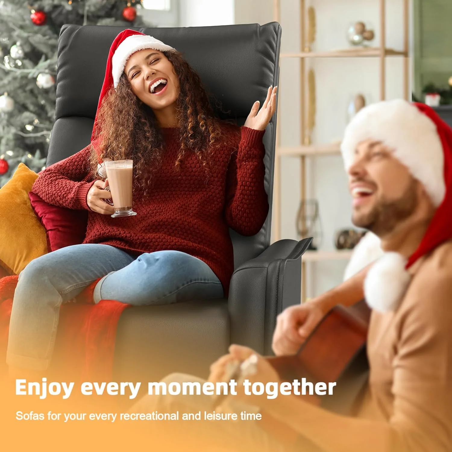 TV armchair with lounge chair, massage chair, relaxation chair with heating and massage, 360° rotating TV armchair, living room, swing chair with soft cushion headrest, 2 side pockets