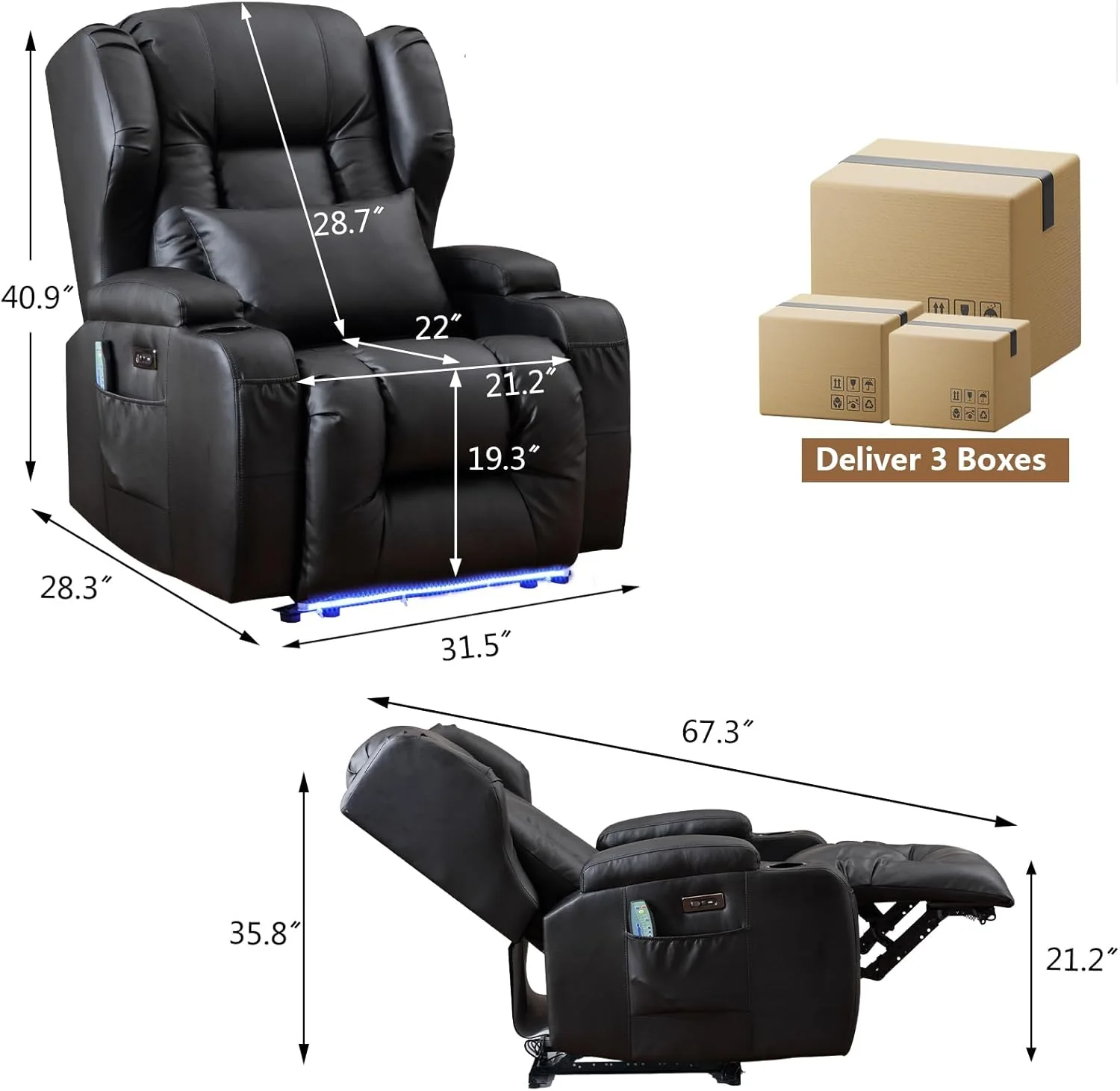 Artificial leather electrically adjustable lounge chair, movie armchair, lounge chair, massage and heating TV armchair, modern lounge chair, living room sofa, weighing 150 kilograms, black