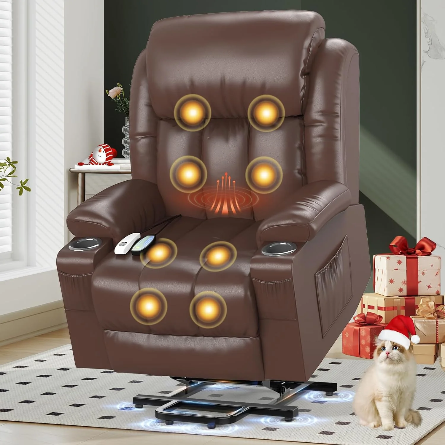 TV armchair, massage armchair, electric relaxation armchair with lounge chair function, stand up assist, massage heating, foot section, beverage rack, 4-side pocket, C-shaped and USB interface TV armchair lounge