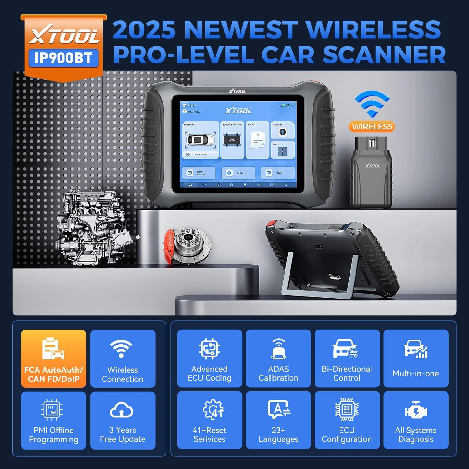 XTOOL IP900BT OBD2 Scanner, Car Diagnostic Tool with 41+Reset, ECU C0 ding Automotive Scanner, Wireless Vehicle Scan Tool, 4000+ Bidirectional Scan Tool, CANFD/DoIP/FCA Autoauth, Full System