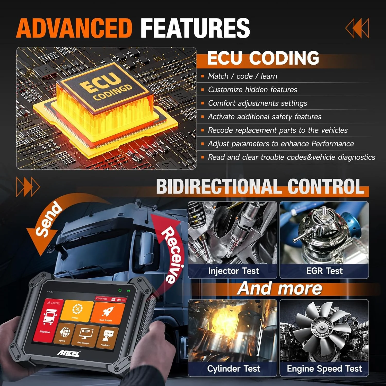 ANCEL V6HD Heavy Duty Truck Scanner, 2024 Diesel Diagnostic Scan Tool with Wide U.S Diesel Truck Compatibility, 40+ Resets, ECU Coding, Free Update, DPF Regen for Cummins, Caterpillar, Paccar, Detroit