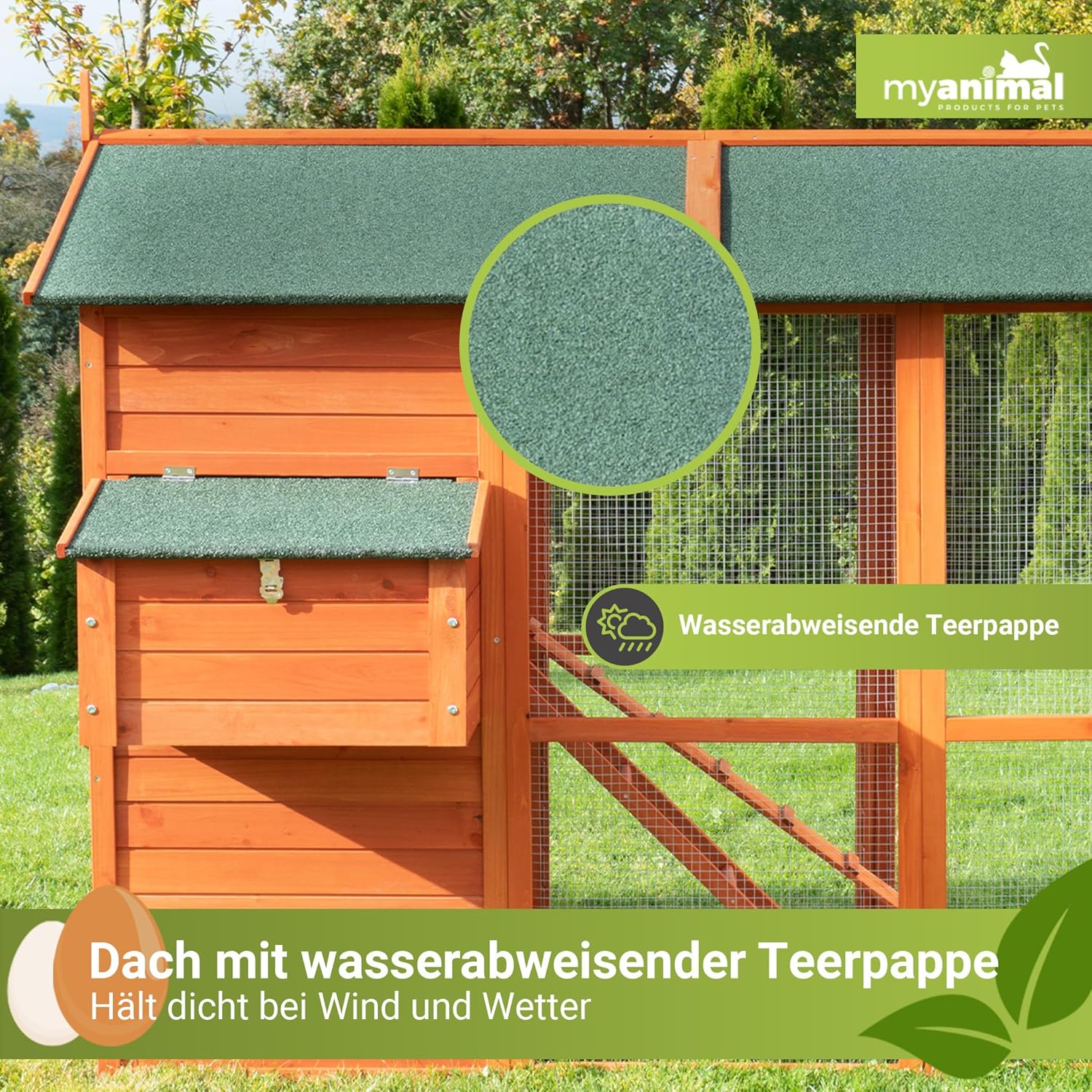 Miweba MyAnimal Hühnerstall MH-15 XXL | 186x146x147 cm - Für 7 Hühner - Nistkasten mit Freilaufgehege - Sitzstange - Winterfest - 2 Ebenen - Hühnerhaus mit Eiablage - Kiefernholz - Voliere (Braun)