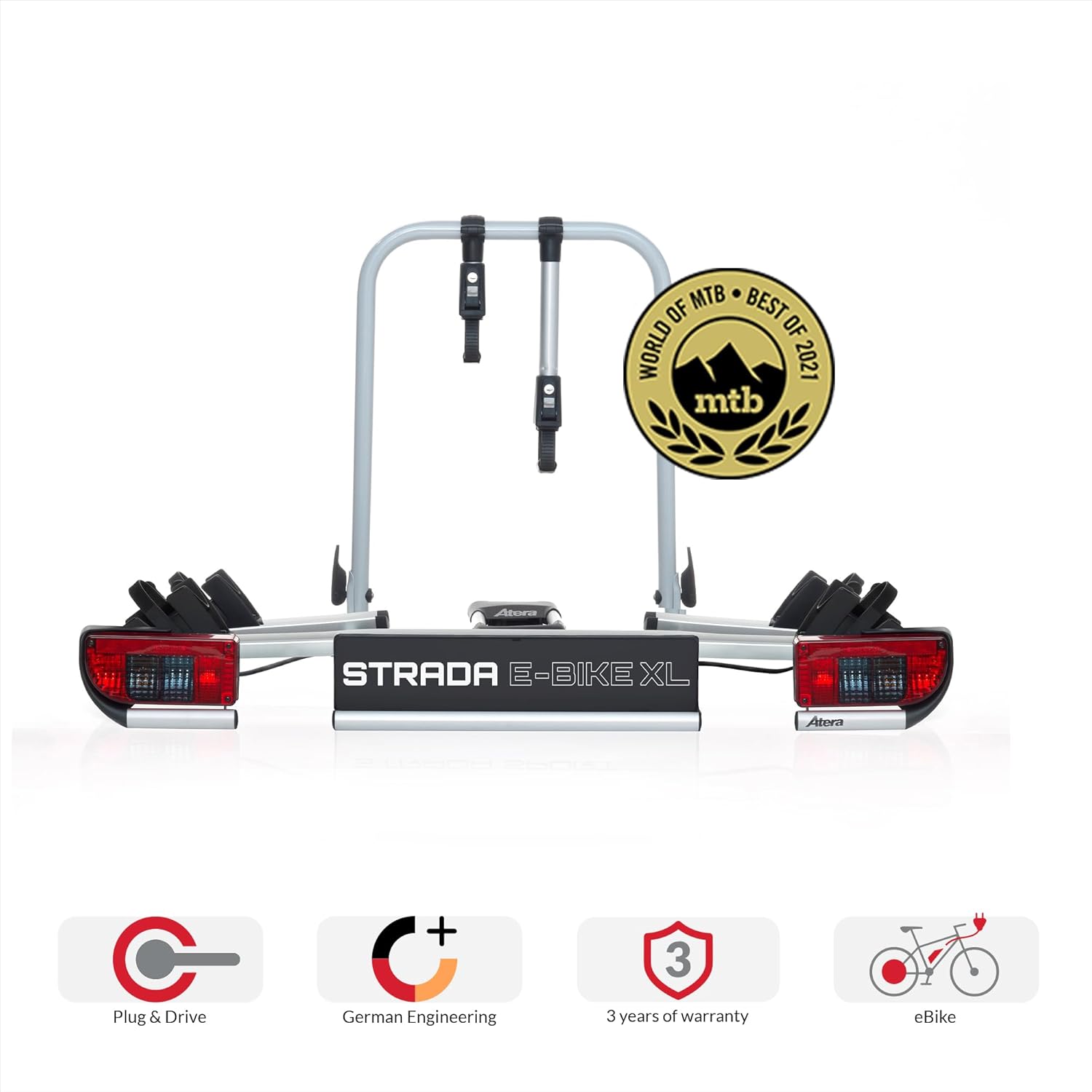 Atera 022696 Strada E-Bike XL Car Bicycle Carrier Extra Wide with Rear Lights for 2 Bicycles, Silver