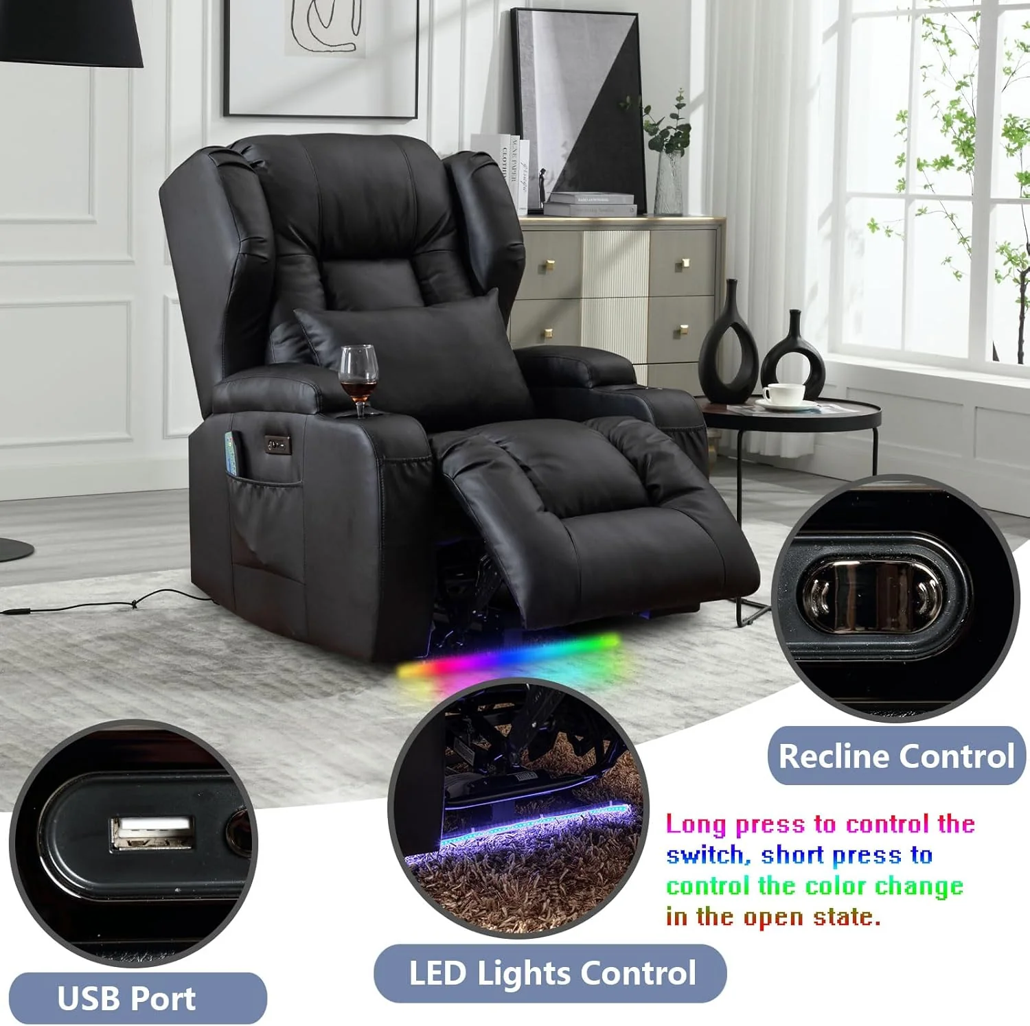Artificial leather electrically adjustable lounge chair, movie armchair, lounge chair, massage and heating TV armchair, modern lounge chair, living room sofa, weighing 150 kilograms, black