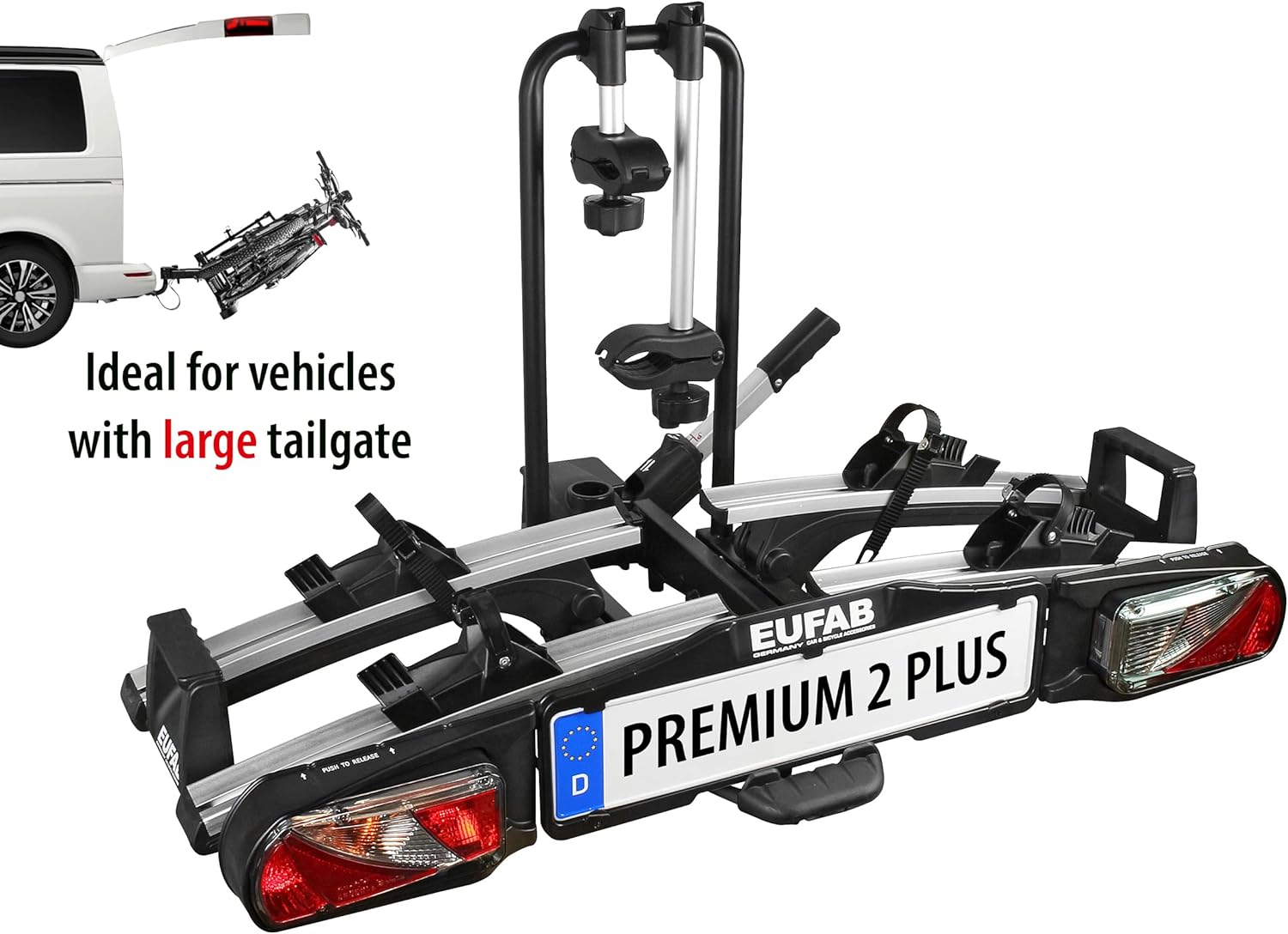 EUFAB 11523 Premium 2 Plus Bicycle Carrier, Suitable for E-Bikes, Large Tailgates, Fully Pre-Assembled, Anti-Theft Protection, for 2 Bicycles, for Trailer Coupling, Black/Grey, W x H x D Approx. 115 x