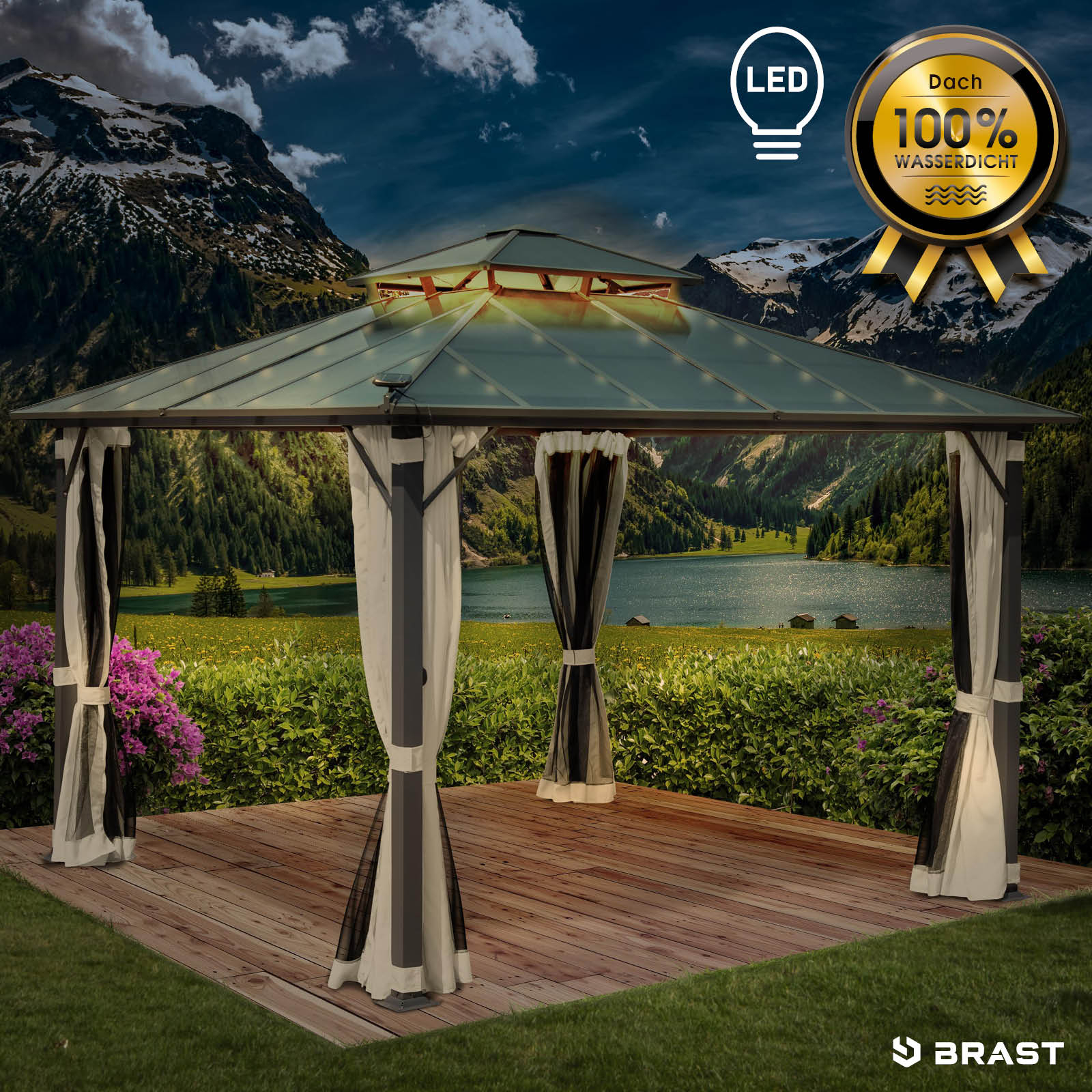 BRAST Alu Pavillon PAGODE 3,5x3,5m beige mit Moskitonetz & LED-Beleuchtung
