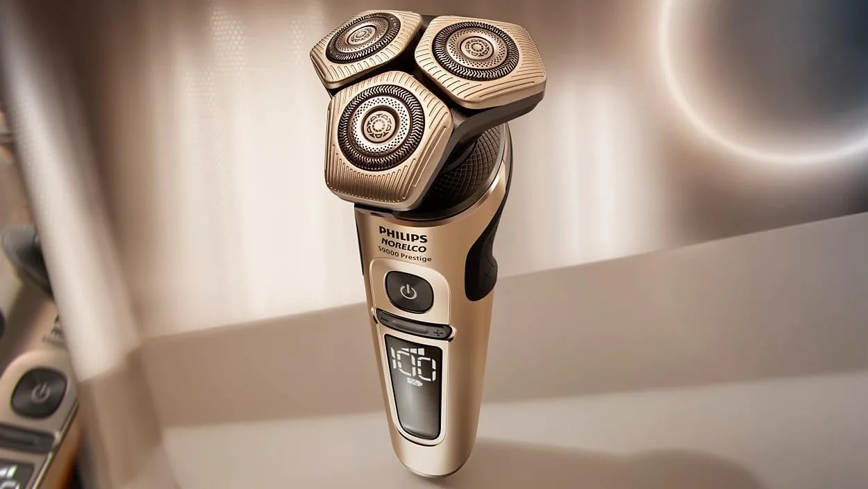 Philips Norelco S9000 Prestige Electric Shaver w/Qi Wireless Charging & Quick Clean Pod for Dry/Wet Use, SenseIQ Tech, Efficient, Fast Charge, One-Touch Open, Premium Case - Champagne Gold