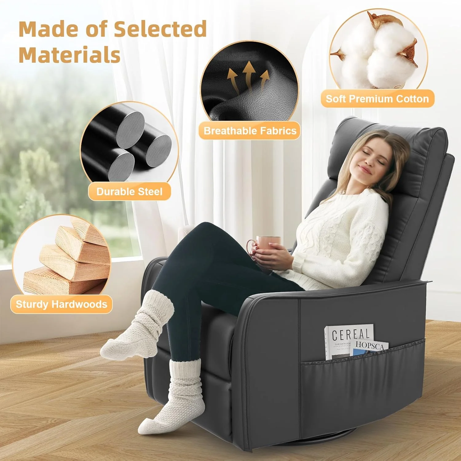TV armchair with lounge chair, massage chair, relaxation chair with heating and massage, 360° rotating TV armchair, living room, swing chair with soft cushion headrest, 2 side pockets