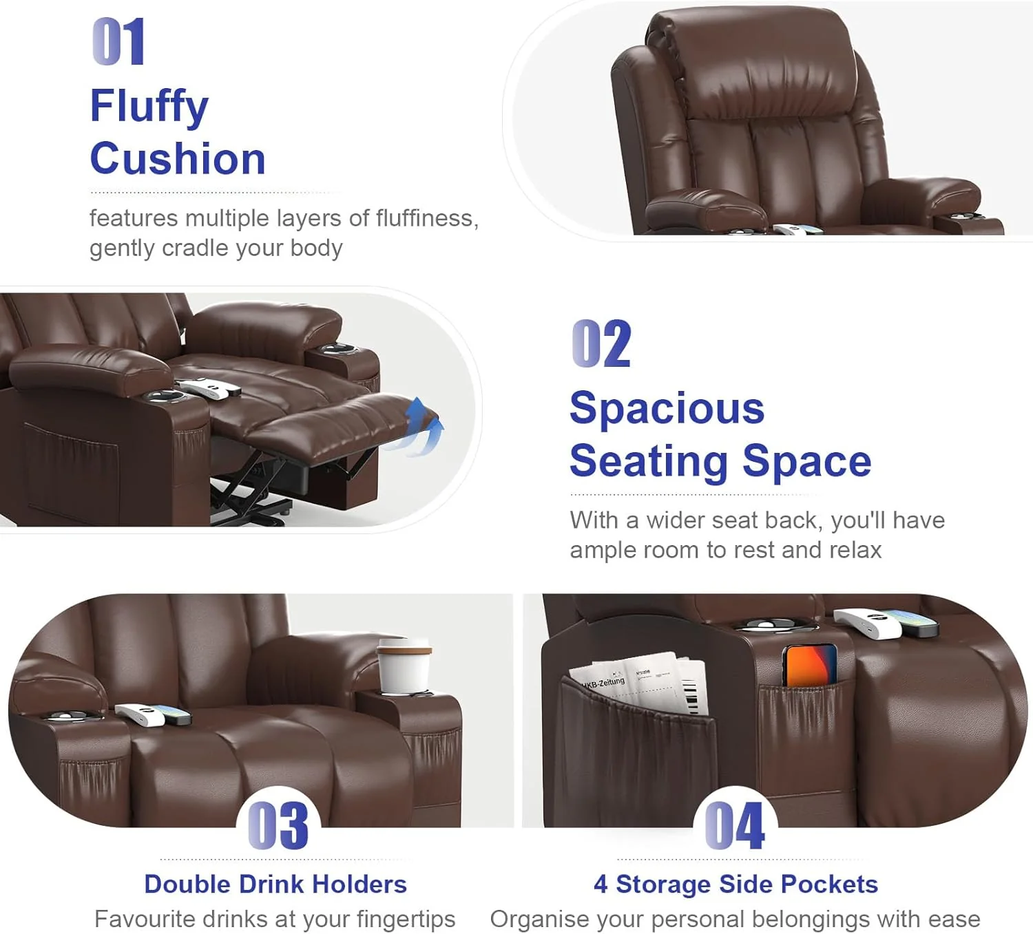 TV armchair, massage armchair, electric relaxation armchair with lounge chair function, stand up assist, massage heating, foot section, beverage rack, 4-side pocket, C-shaped and USB interface TV armchair lounge