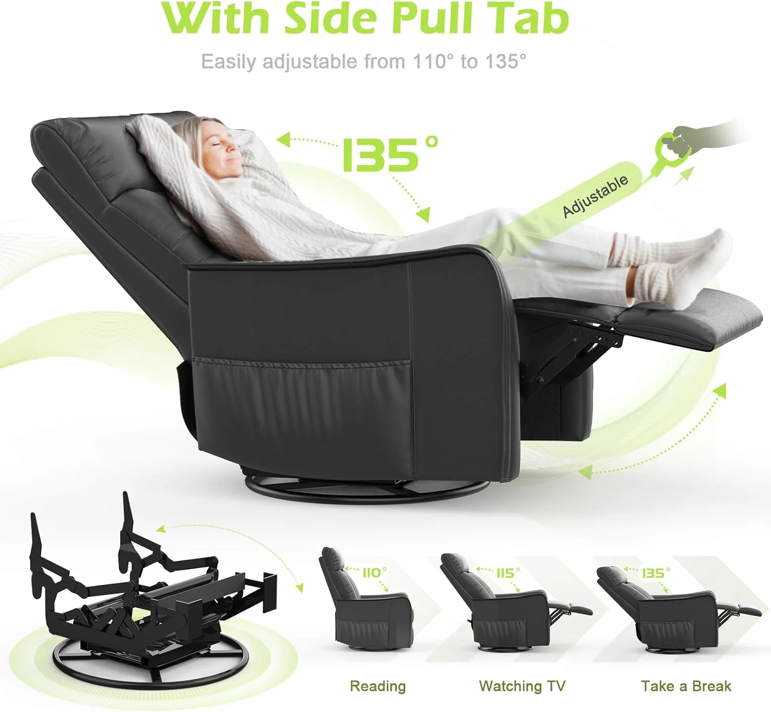 TV armchair with lounge chair, massage chair, relaxation chair with heating and massage, 360° rotating TV armchair, living room, swing chair with soft cushion headrest, 2 side pockets