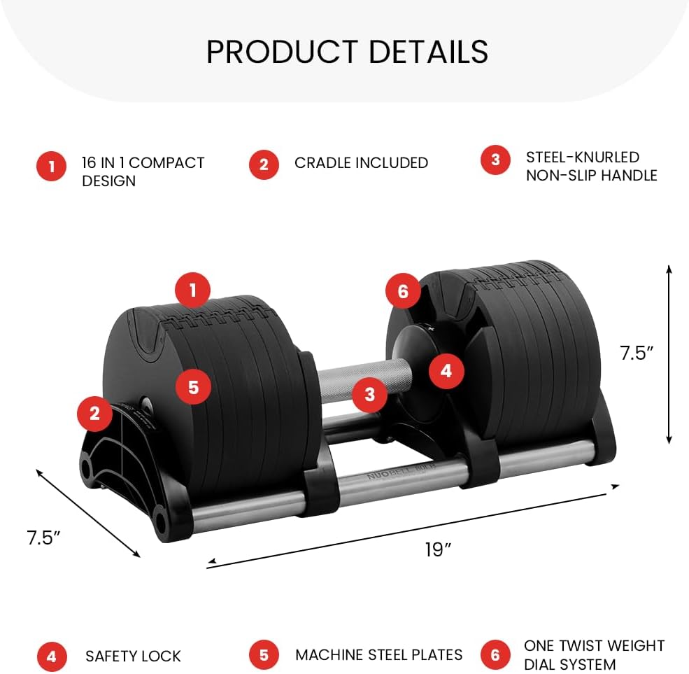 NUOBELL Adjustable Dumbbells Pair 5-80 lbs : the Adjustable Dumbbell Set to Replace 16 Sets of Dumbbells.