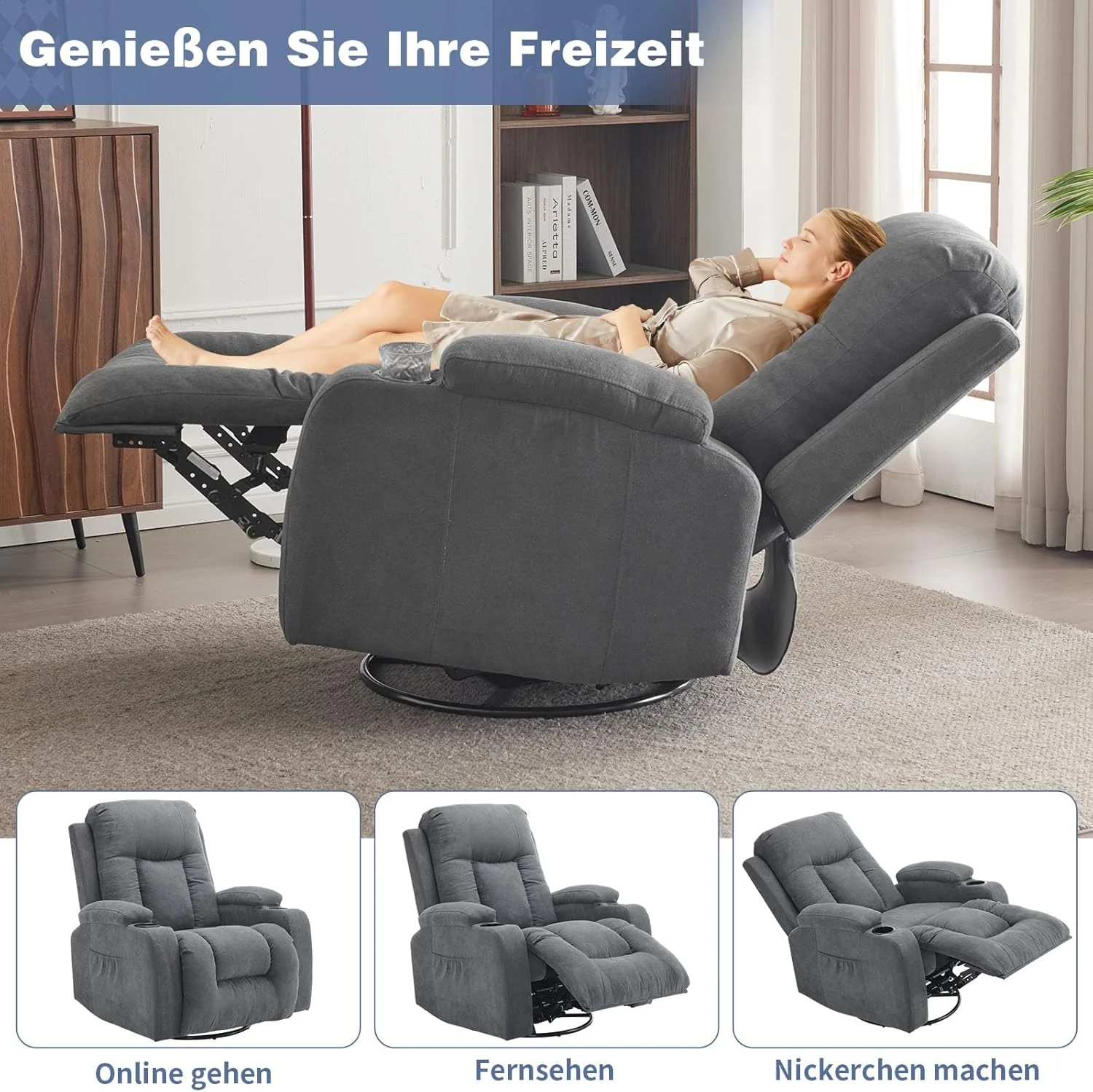 TV armchair 360° rotating relaxation chair, electric massage lounge chair, massage, heating, 2 side pockets and drink rack, TV armchair lounge chair position