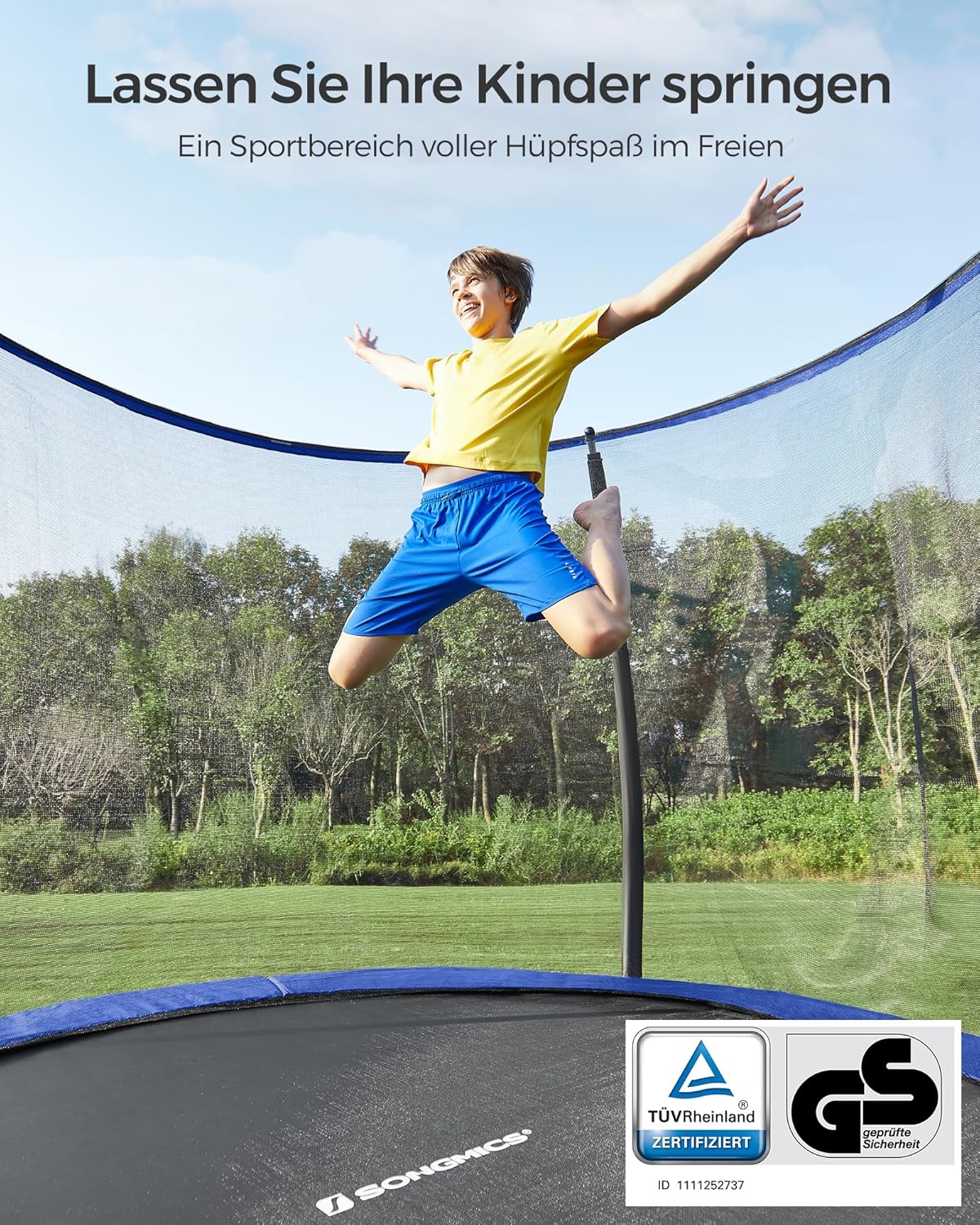 SONGMICS Outdoor Trampoline Ø 427 cm, Round Garden Trampoline for Children with Safety Net, Edge Cover, Ladder and Padded Poles