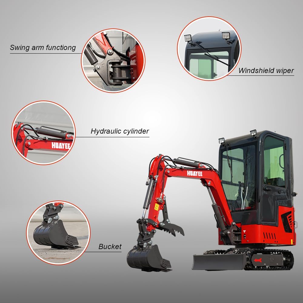 1.4T Mini Excavator with Cab, 13.5HP B&S Engine, Pilot Controls for Construction Landscaping, Includes Mechanical Thumb & Quick Coupler, Side Swing Booml, Includes delivery & unloading services