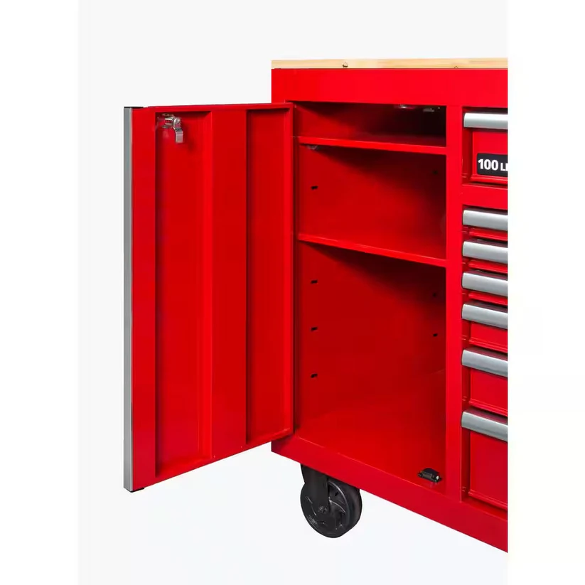 60 In. W X 22 In. D Standard Duty 12-Drawer Mobile Workbench Cabinet with Solid Wood Top in Gloss Red