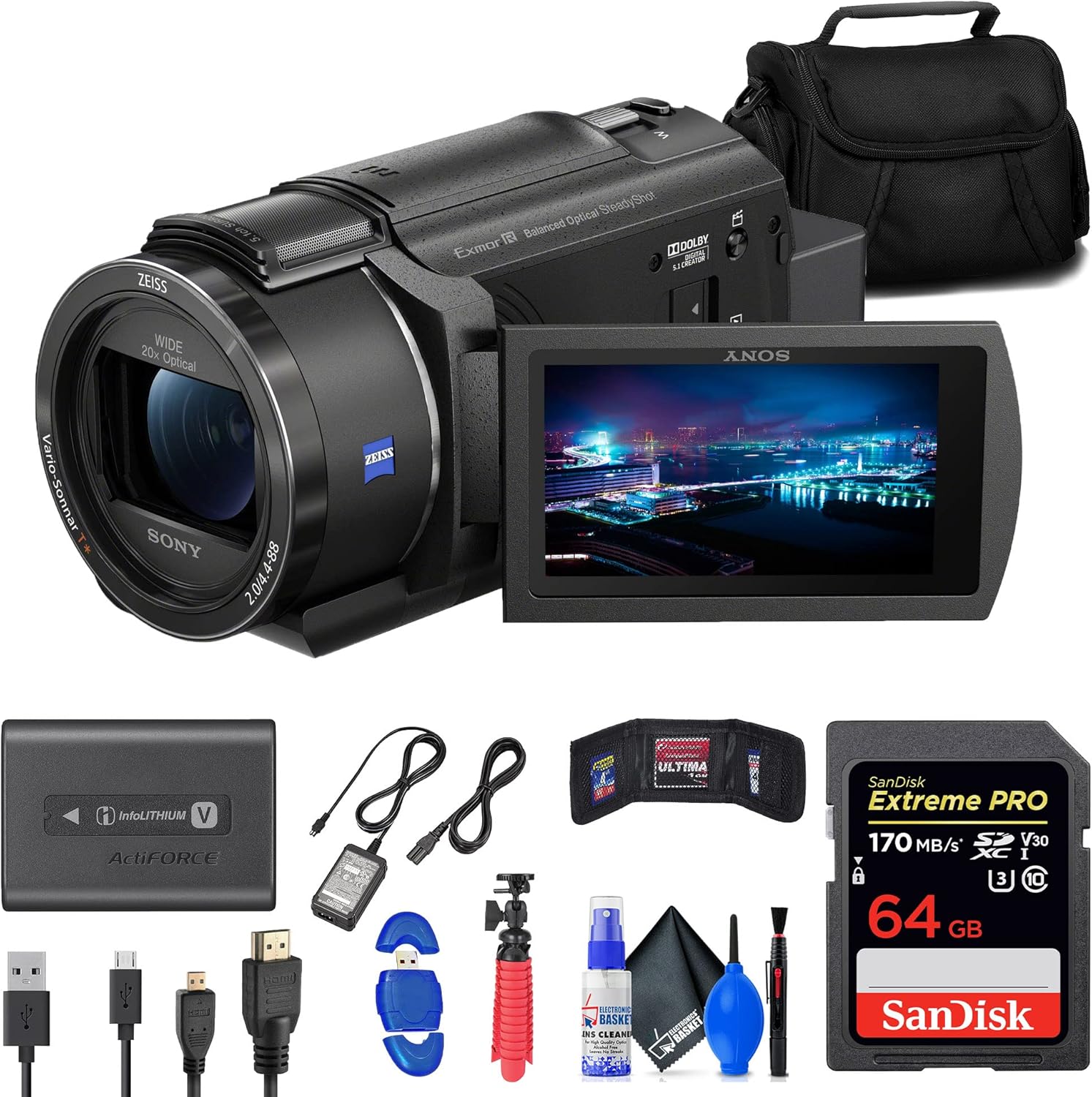Sony FDR-AX43 UHD 4K Handycam Camcorder (FDRAX43/B) + 64GB Memory Card + Bag + Card Reader + Flex Tripod + Memory Wallet + Cleaning Kit (Renewed)