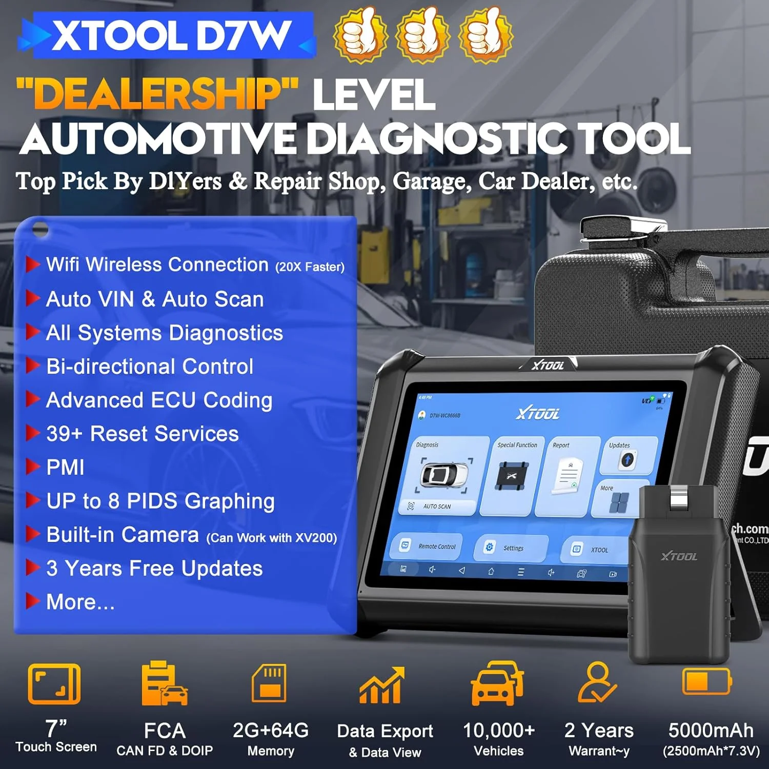 XTOOL D7W Wireless OBD2 Scanner Diagnostic Tool 2025 Upgraded Ver. of D7, Bidirectional Scan Tool, ECU C0ding, 39+ Resets, CAN FD & DoIP, All System Scanner for Car with 3-Year Update