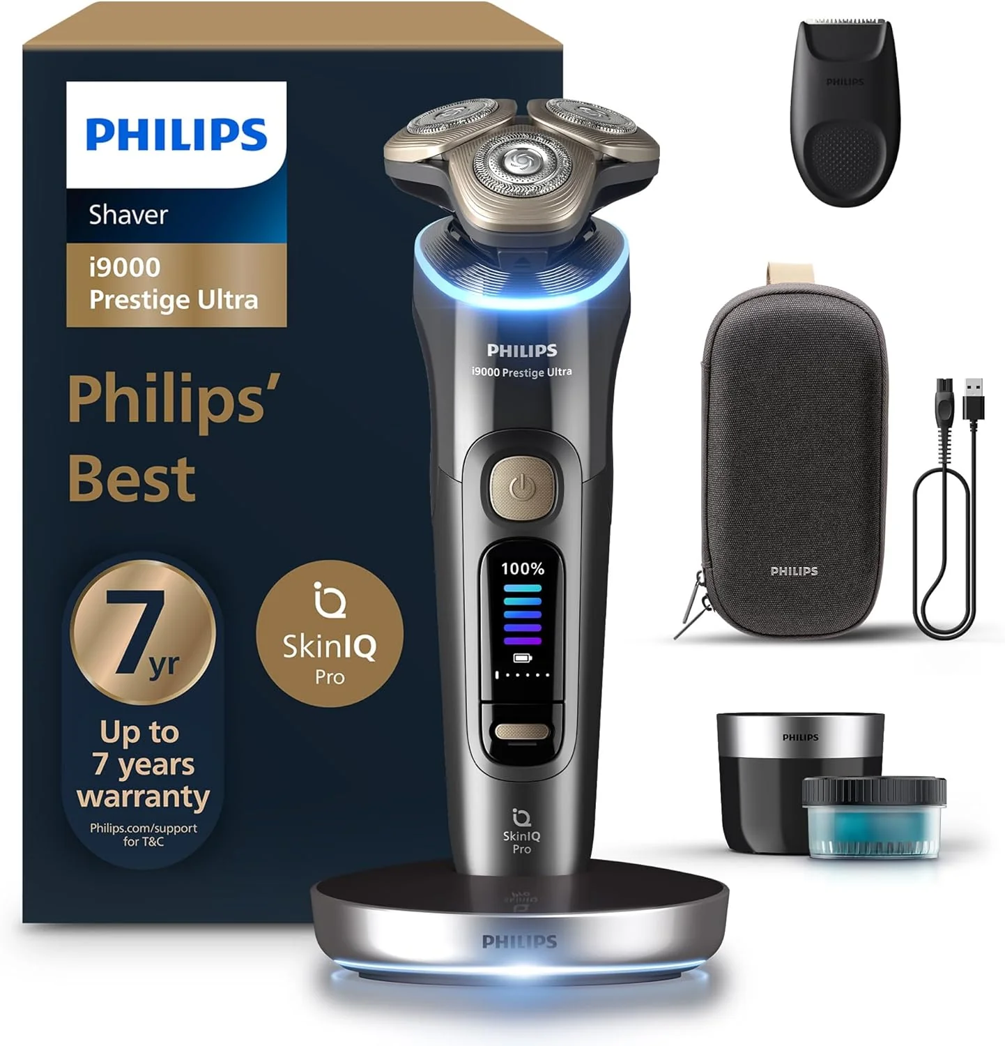 Philips Shaver i9000 Prestige Ultra, Wet & Dry Electric Shaver, Dark Slate, Skin IQ Pro Technology, Triple Lift & Cut System, 360 Rotating NanoTech Precision Blades, 5 Shaving Modes, Model XP9402/31