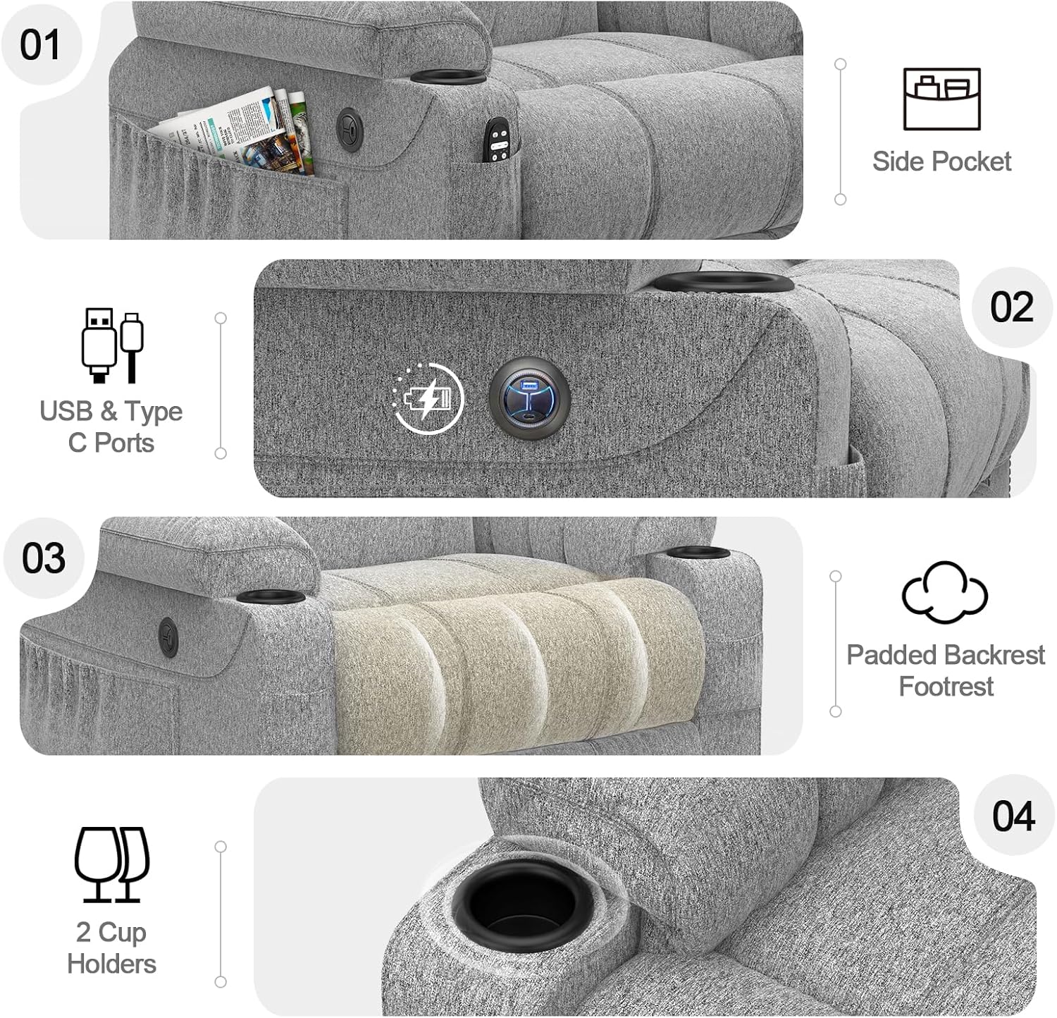 Senior relaxation chair, power lounge chair with massage and warmth, extended footstool, C + USB interface, 2 beverage racks, 2 side bags, lounge chair, lounge sofa