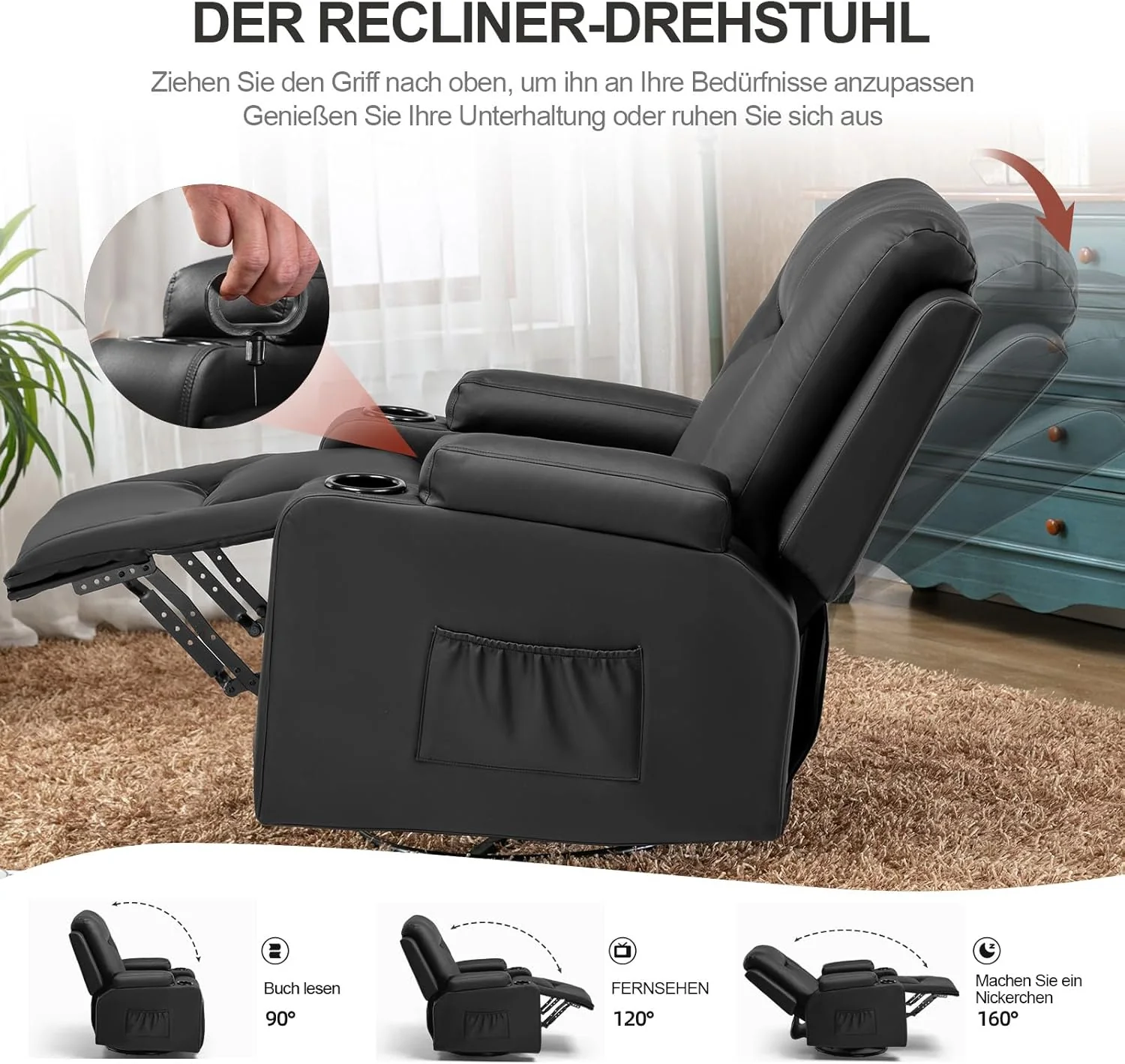 The LUCKRACER relaxation chair features a TV chair with a lounge chair and a footstool, a 360° rotating TV chair for the living room, a rocking chair with a drink rack, and two side pockets in black PU leather