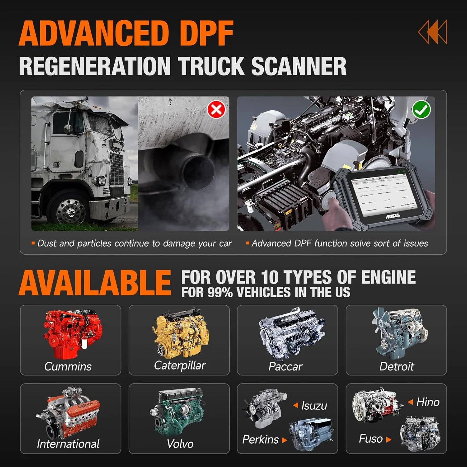 ANCEL V6HD Heavy Duty Truck Scanner, 2024 Diesel Diagnostic Scan Tool with Wide U.S Diesel Truck Compatibility, 40+ Resets, ECU Coding, Free Update, DPF Regen for Cummins, Caterpillar, Paccar, Detroit