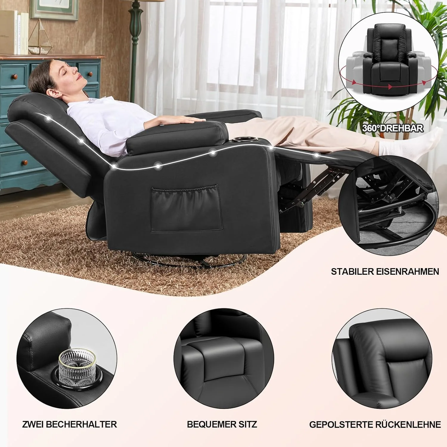 The LUCKRACER relaxation chair features a TV chair with a lounge chair and a footstool, a 360° rotating TV chair for the living room, a rocking chair with a drink rack, and two side pockets in black PU leather