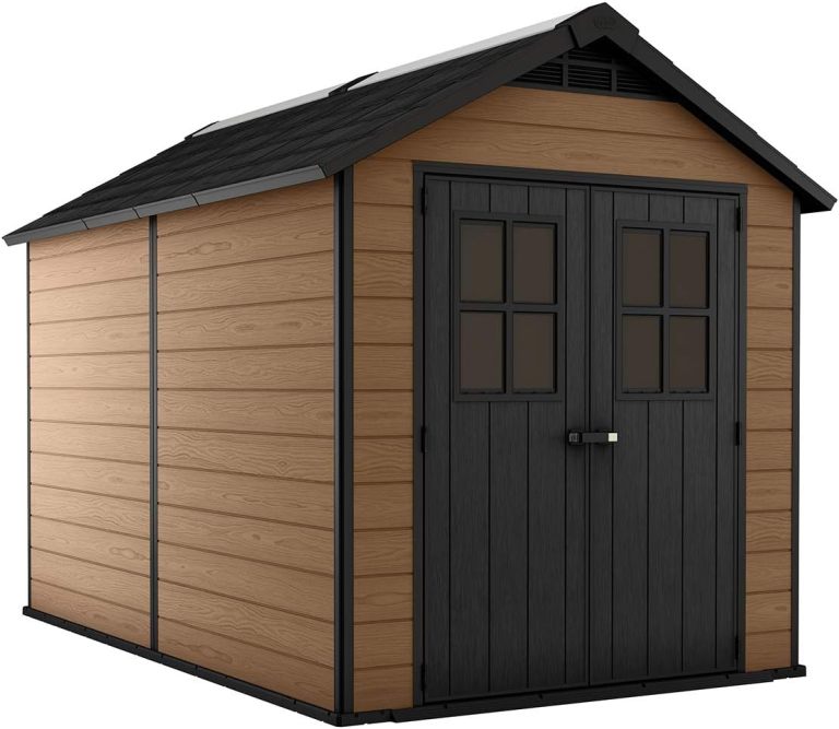Keter Newton 7.5x11 Large Resin Outdoor Storage Shed Kit �?Perfect to Store Patio Furniture, Garden Tools, Bike Accessories, and Lawn Mower, Mahogany Brown