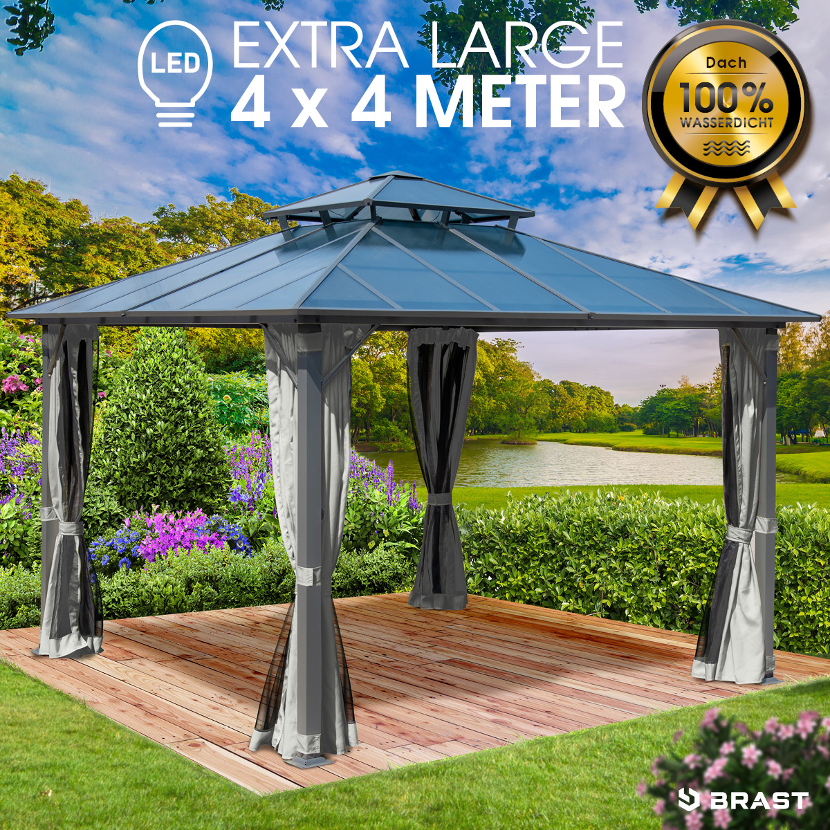 BRAST Alu Pavillon PAGODE 4x4m dunkelgrau mit Moskitonetz