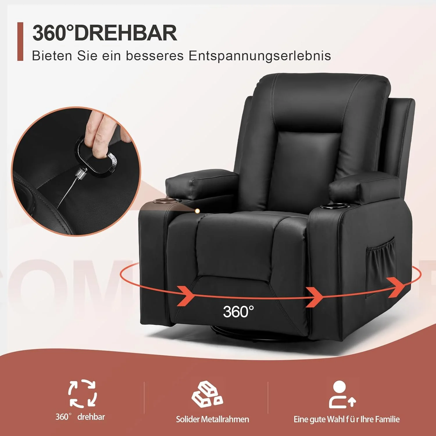 The LUCKRACER relaxation chair features a TV chair with a lounge chair and a footstool, a 360° rotating TV chair for the living room, a rocking chair with a drink rack, and two side pockets in black PU leather