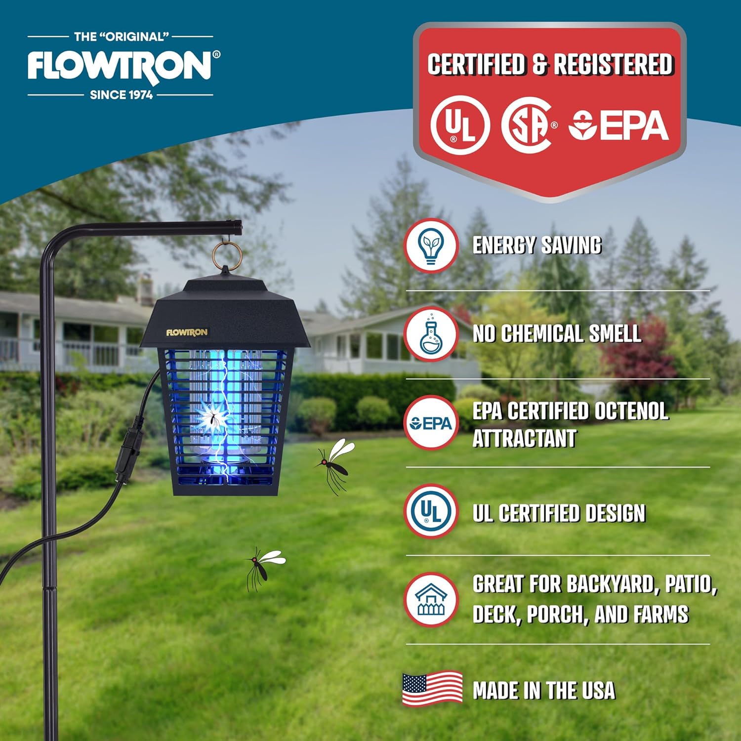 Flowtron Electric Bug Zapper 1/2 Acre Outdoor Insect Control with Dual Lure Method, 15W UV Light & Octenol Attractant for Fly & Mosquito, 5600V Kill Grid, Made in USA, UL Certified