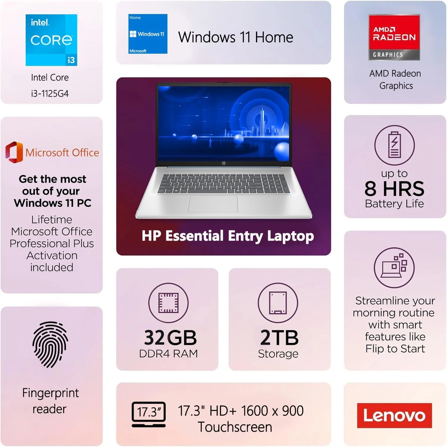 HP 17 Laptop, 17.3” HD+ Display, 11th Gen Intel Core i3-1125G4 Processor, 32GB RAM, 1TB SSD, Wi-Fi, HDMI, Webcam, Windows 11 Home, Silver